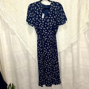 Talbots Navy Blue Daisy Wrap Midi Dress NWT